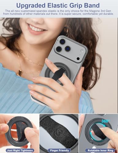 EWA MagOne 3rd Gen [Compatible with MagSafe] Phone Grip Stand with Finger Strap, Removable Magnetic Ring Holder Kickstand Loop for iPhone 17,16,15,14,13,12 Series (Black)