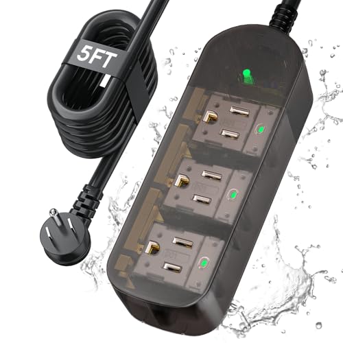 Outdoor Power Strip Weatherproof, 5FT Extension Cord with 3 Outlets