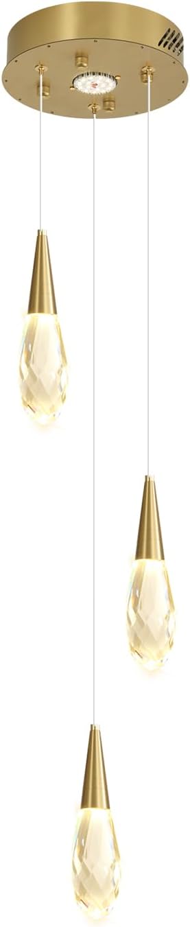 3-Lights Crystal Pendant Light Kitchen Islan Gold Hanging Chandelier Teardrop Crystal Pendant Light Fixture for Dining Room, Living Room,Kitchen lsland, Foyer