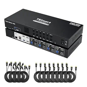 TESmart USB 3.0 HDMI KVM Switch 3 Monitors 4 Computers 4K@60Hz, Headset, Audio&Microphone, EDID emulators, Hotkey Switch, Wired Network, Rack-Ears, 4 Port Triple Monitor KVM Switch with All Cables
