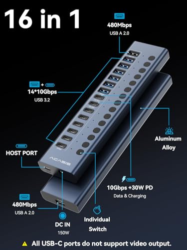 ACASIS Powered USB C Hub, 16-in-1 USB 3.2 Hub 10Gbps, 6 USB-A 3.2 + 2 USB-A 2.0+ 8 USB-C 3.2 Ports, Dual USB-C PD 30W, 150W Adapter, 3.3FT Cable, Aluminum USB Hub for PC, Laptop, Mac mini, iMac, iPad