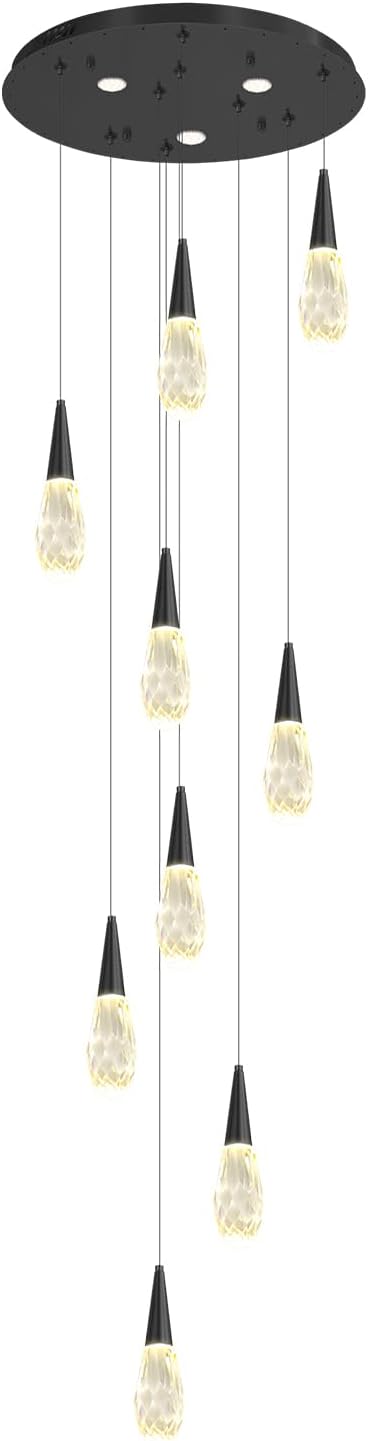 H98 Modern Chandelier for Stairway 9-Lights Crystal Raindrop Chandelier Black Pendant Light for Staircase Living Room Entryway LED Dimmable High Ceiling Chandeliers with Remote