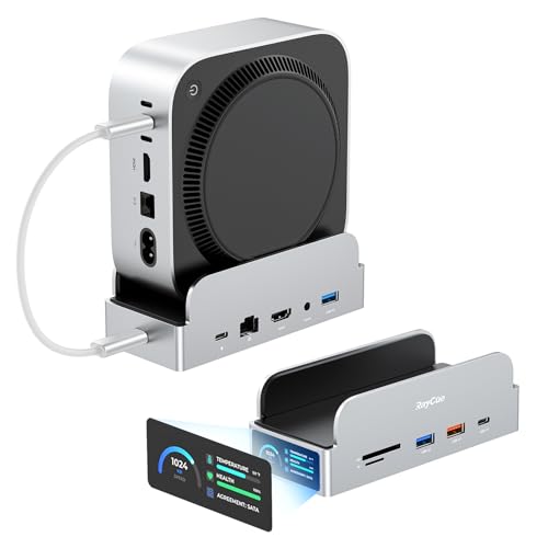 RayCue SmartDock Pro for Mac mini M6, M5 Pro, M4 Dock Stand with M.2 NVMe SSD Enclosure, 4K 60Hz HDMI, 10Gbps USB-C/A, Gigabit Ethernet, SD/TF Card Readers – Space-Saving Vertical Hub