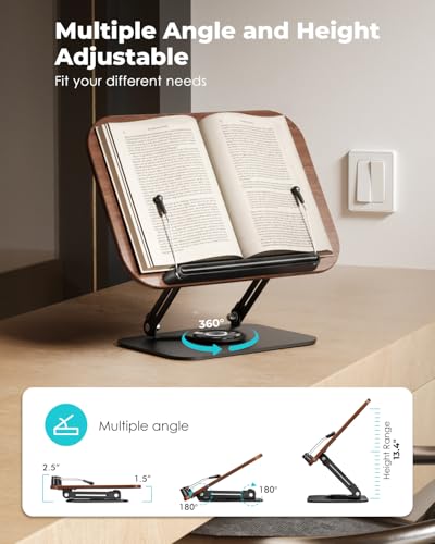 Viozon Book Stand for Reading,Book Holder, Height&Angle Adjustable, 360° Rotating Base, Foldable and Portable, Lightweight for Office, Kitchen, School Textbook, Recipe, Magazine,Kindle,Tablet DW