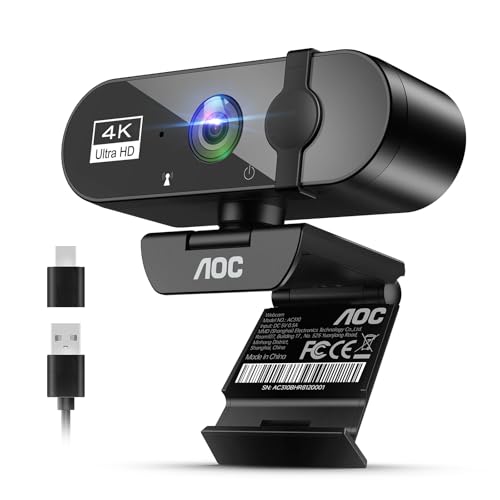 AOC 4K Webcam for PC, Streaming Computer Camera with Noise-Canceling Mic