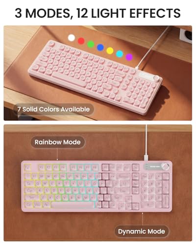 Wired Creamy Keyboard with Number Pad, 98-Key, Media Knob, RGB Backlit-Pink - Image 4