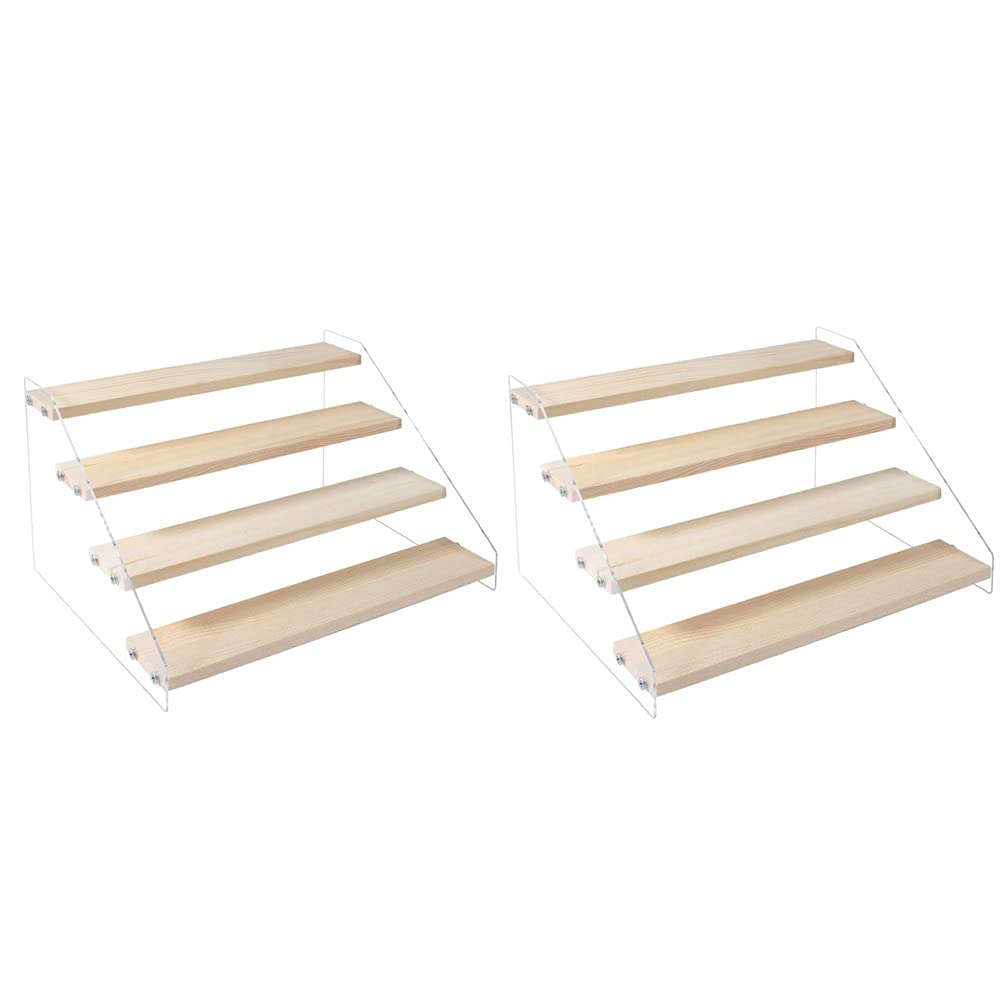 2 Pack 4 Tier Acrylic Display Stand for Figures Wooden Risers Display Case for Craft Fair Acrylic Cupcake Stand for Dessert Table Top Jewelry Displays for Craft Shows Perfume Shelf (SMALL)