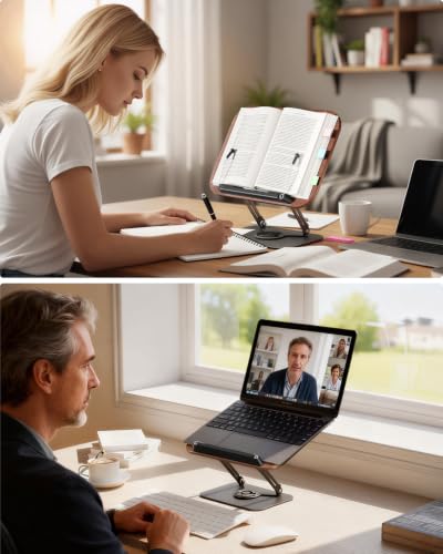 Viozon Book Stand for Reading,Book Holder, Height&Angle Adjustable, 360° Rotating Base, Foldable and Portable, Lightweight for Office, Kitchen, School Textbook, Recipe, Magazine,Kindle,Tablet DW
