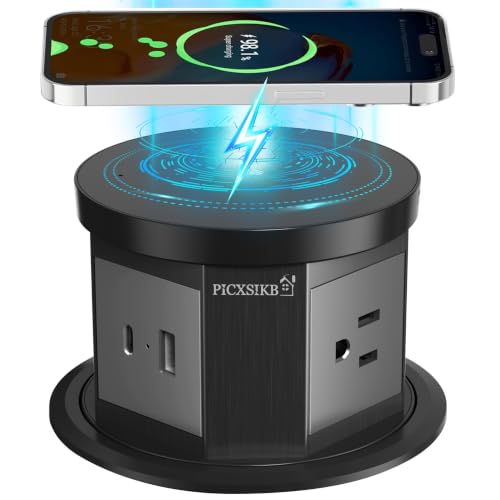 Pop Up Outlet for Countertop, 15W Wireless Charger, USB-C & 3 AC, Black