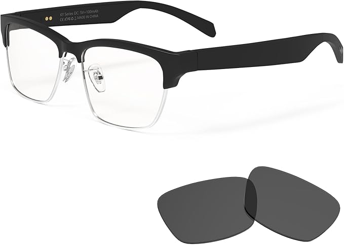 Bluetooth Audio Smart Glasses - Blue Light Glasses for Women and Men, Open Ear Sound with Mic & Speakers, Blue Light Filter & Polarized Sunglasses Lenses，Silver