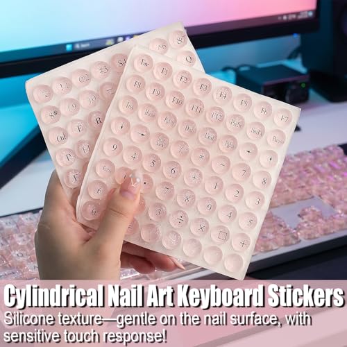 128Pcs Raised Keyboard Stickers for Long Nails, Bling Keyboard Bubbles with Letters, Self-Adhesive Nail Art Typing Keycaps for Desktop Laptop PC Wired Wireless Keyboard (Pink)
