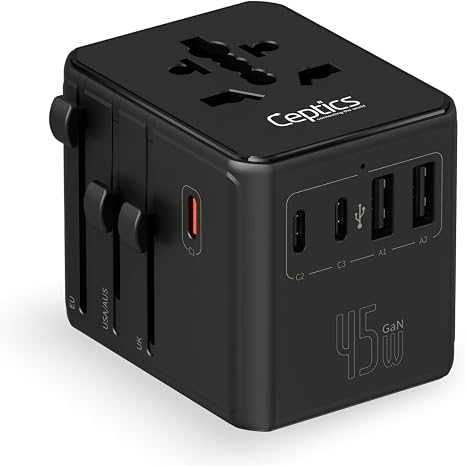Ceptics 8 in 1 Universal Travel Adapter 45W, 3 Inputs, 2 USB-A + 3 USB-C