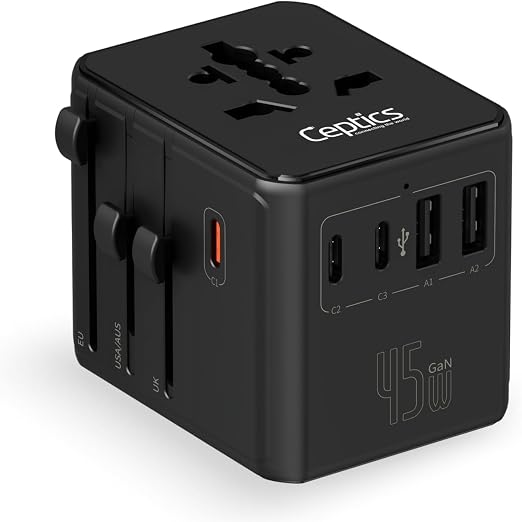 Ceptics 8 in 1 Universal Travel Adapter 45W, 3 Inputs, 2 USB-A + 3 USB-C