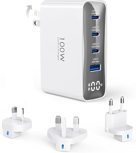 Topadre 100W USB C Travel Charger, 4-Ports Foldable Travel Adapter Plug Converter with UK/EU/AU Plugs,Fast Charging for Macbook Pro/Air,for iPad Pro/iPhone 16/15 Pro Max, for 45w Samsung Galaxy, White