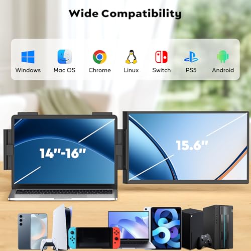 HONGO Laptop Screen Extender, 15.6" FHD 1080P Dual Monitor, Laptop Monitor Extender for 14"-16" Laptops, Second Screen with USB-C/HDMI Port, Plug n Play for Windows/Mac/Android/Switch/PS5