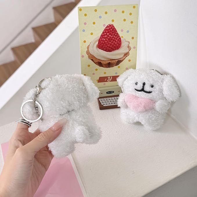 SGVAHY Furry Case for AirPods 3, Funny Cute 3D Cartoon Plush Design White Puppy Apron Bear Soft Warm Fluffy Cover Keychain Anti-Fall Protective Case Women Girls