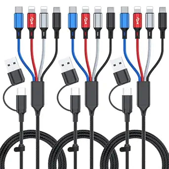 6 in 1 Multi Charging Cable 3Pack-6FT Multi USB Cable 3A Multi Charger Cable Braided Multiple Phone Charger Cable Universal USB A/C Charging Cord with 2*IP/Type C/Micro USB Port for Cell Phone/Tablets