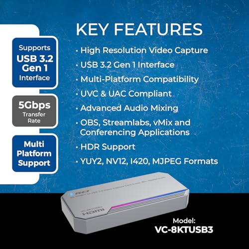 OREI 4K Capture Card for Streaming USB 3.0 Loop-Out Audio Mixing UVCUAC HDR