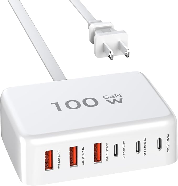 USB C Fast Charger-100W GaN 6 Port Type Charging Station Hub Block Cube, Wall Charger Power Strip Adapter Plug for iPad iPhone 17/17 Plus/17 Pro Max/16 15 14 13 12 Pro Max Pixel Note Galaxy, 5ft Cord