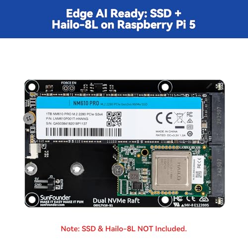 SunFounder Dual NVMe Raft for Raspberry Pi 5 PCIe Gen 2.0 to M.2 HAT Key-M SSD Hailo-8L AI Accelerator PIP M.2 2230/2242/2260/2280, NAS RAID 0/1, Manual (Not Compatible with the Pironman Series)