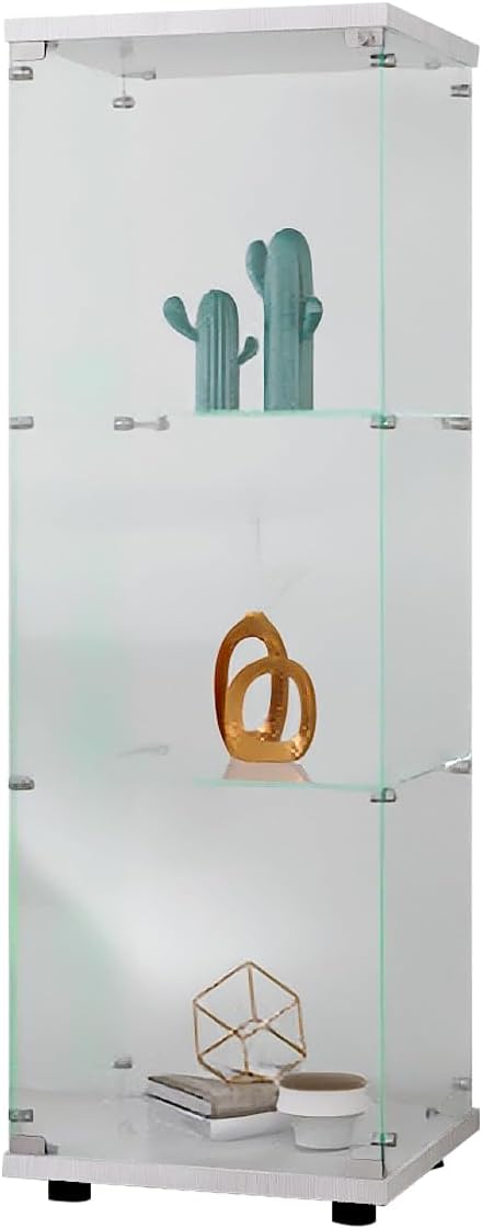 LFT HUIMEI2Y Glass Display Cabinet 3-Shelf with Door and Lock, Curio Cabinets Upgraded Quick-Install Style Tempered Glass Floor Standing Bookshelf for Bedroom, Living Room 49”x 17”x 14” White