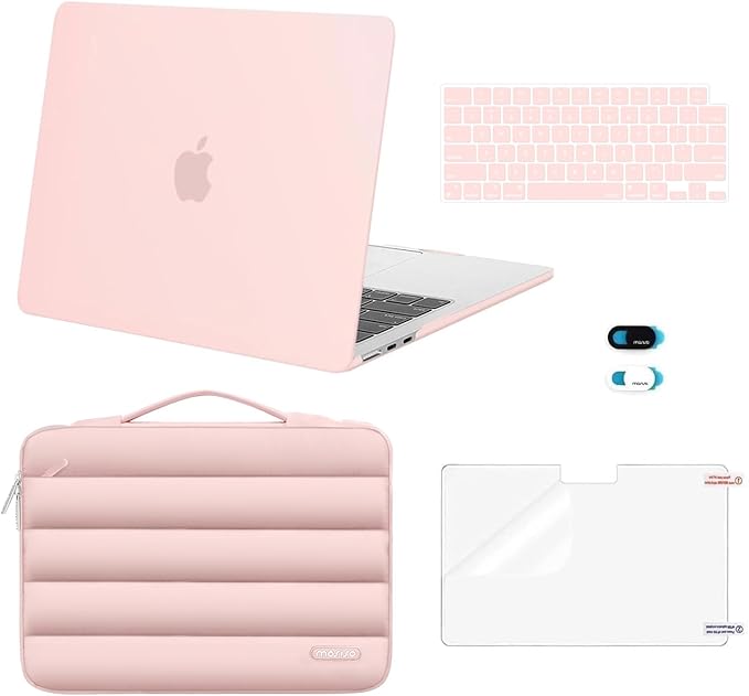 MOSISO Compatible with MacBook Air 13 inch Case M5 2026 M4 2025 M3 M2 2024-2022 A3449 A3240 A3113 A2681, Hard Case&Puffy Bag&Keyboard Cover&Webcam Cover&ScreenFilm for MacBook Air 13.6, Pink