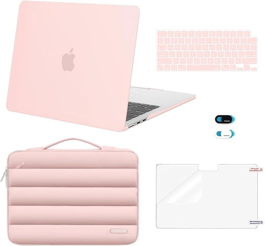 MOSISO Compatible with MacBook Air 13 inch Case M5 2026 M4 2025 M3 M2 2024-2022 A3449 A3240 A3113 A2681, Hard Case&Puffy Bag&Keyboard Cover&Webcam Cover&ScreenFilm for MacBook Air 13.6, Pink