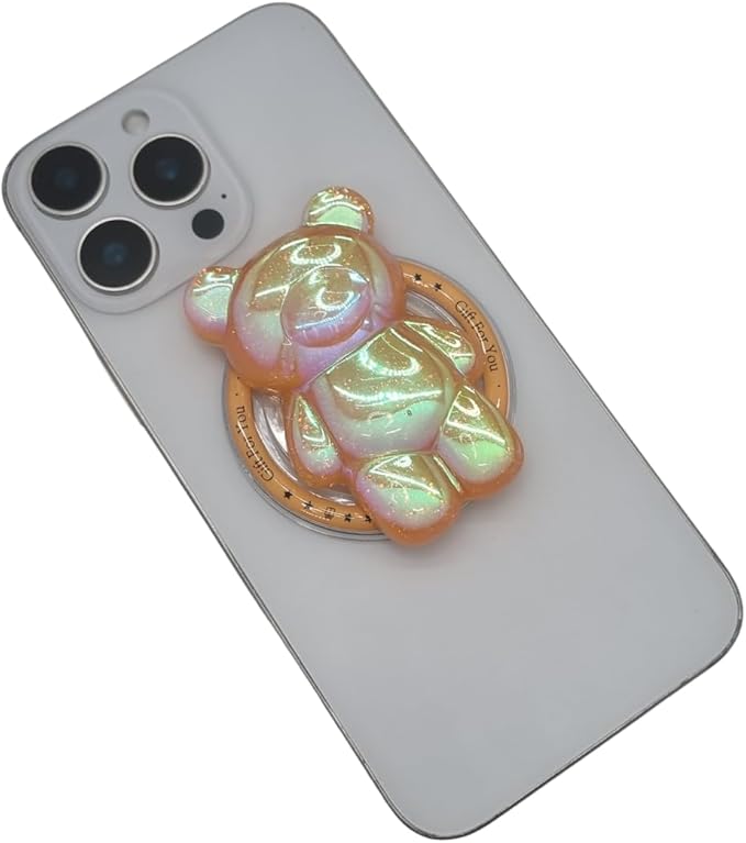 Cute Kawaii 3D Bear Phone Grip Stand, Iridescent Holographic Resin Cell Phone Holder & Kickstand, Compatible with iPhone, Samsung Galaxy, Android (Amber Peach)