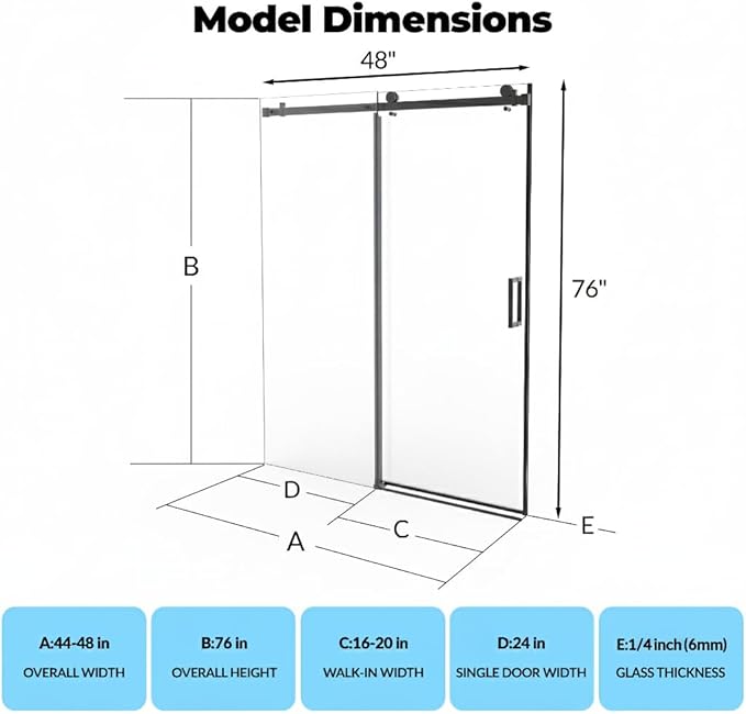 Shower Glass Door 44–48 × 76 inch, Frameless Sliding Shower Door with Square Stainless Steel Track & 55mm Rollers, 6mm Tempered Glass, Matte Black Finish, Stylish Shower Doors for Bathroom Upgrade