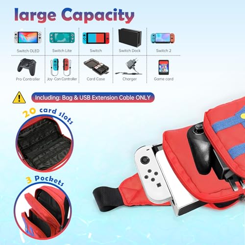 Vadaxx Cute Travel Bag for Nintendo Switch/2/Lite/OLED, Small Sling Portable Waterproof Backpack Carrying Crossbody Shoulder Chest Gaming Bag Case for NS SD Console Dock Joy-Cons Accessories Storage