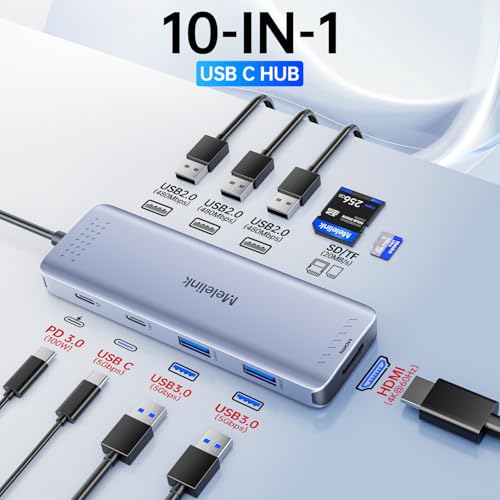 USB C Hub Multiport Adapter for MacBook Pro/Air, 10 in 1 USB C Dongle Mac HDMI Adapter, USBC Dock Compatible for iPad Pro, iMac, Dell, HP, Lenovo (4K@60Hz HDMI,SD/TF Card Reader,100W PD, 6 USB Ports)
