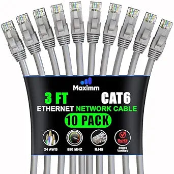 Maximm Cat6 Ethernet Cable 3 Ft, 10 Gbps 550 MHz, Gray, 10 Pack