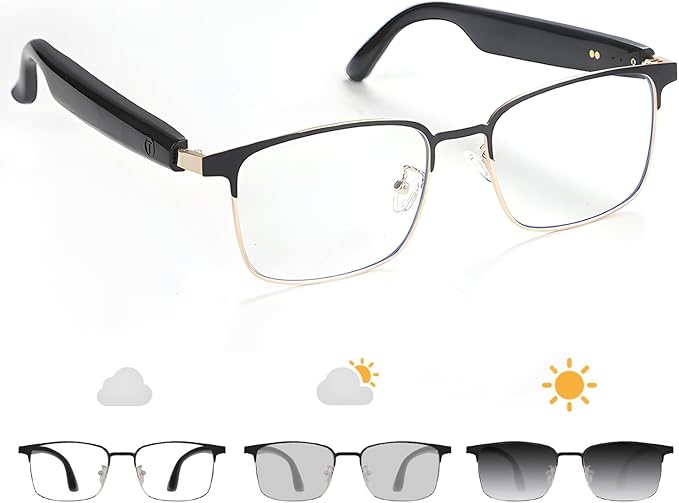 Smart Glasses with Open Ear, Photochromic Lenses, Polarized Sunglasses Bluetooth, Voice Assistant, Mic Speakers for Men Women Bluetooth Glasses, Hands-Free Listening Voice Control(Gold)