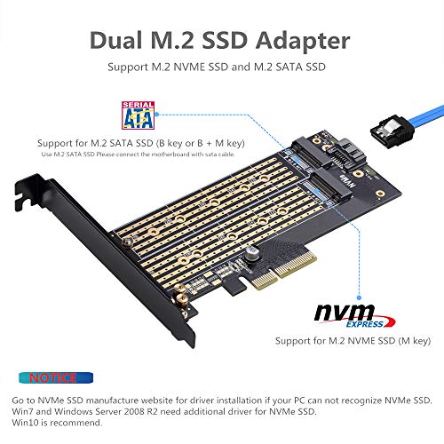 Dual M.2 PCIE Adapter for SATA or PCIE NVMe SSD with Heat Sink Solution