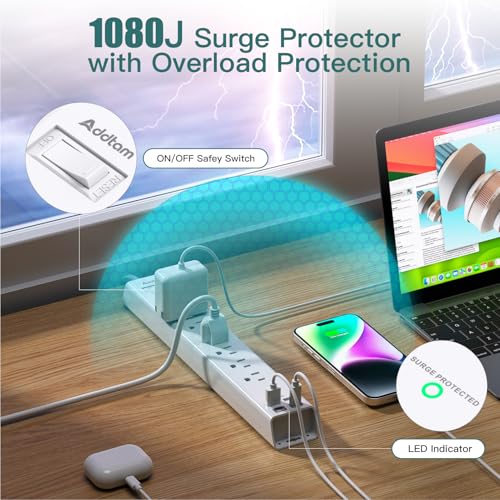 Power Strip Surge Protector with USB C - Flat Plug Extension Cord