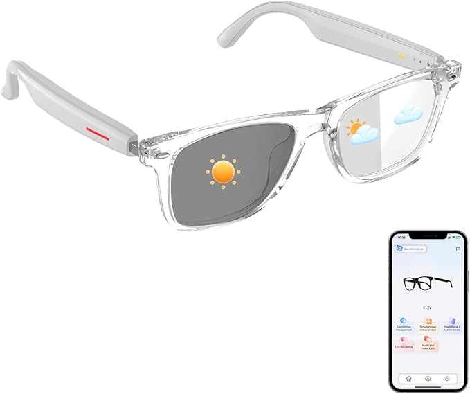 AI Bluetooth Glasses, AI Glasses Powered by ChatGPT, Color-Change Lenses, Support 169 Languages, Real-Time Translation via APP, Smart Glasses for Meeting/Travel/Trade (Clear)