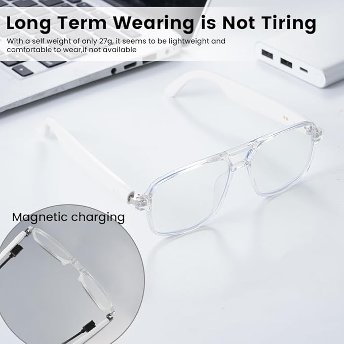 Smart Glasses for Women Men, Anti-Blue Light UV Protection, Voice Control Smart Glasses with Built-in Mic & Speakers, Smart Audio Eyewear for Gaming Meeting (White Frame)