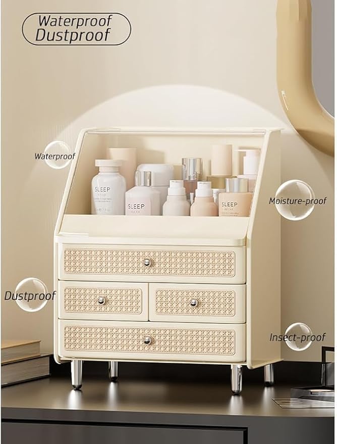 Large Cosmetic Storage Box Dustproof And Waterproof. Display Case with Drawers Countertop Vanity Organizer for Skincare, Lipsticks, Perfume – Bathroom Cosmetic Storage Display Box (White)