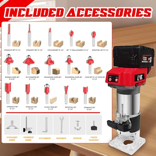 800W Cordless Wood Router Compatible With Milwaukee 18V Battery,30000RPM Brushless Motor Router Attach 12PCS 1/4" Router Bits,6 Speeds (NO Battery)