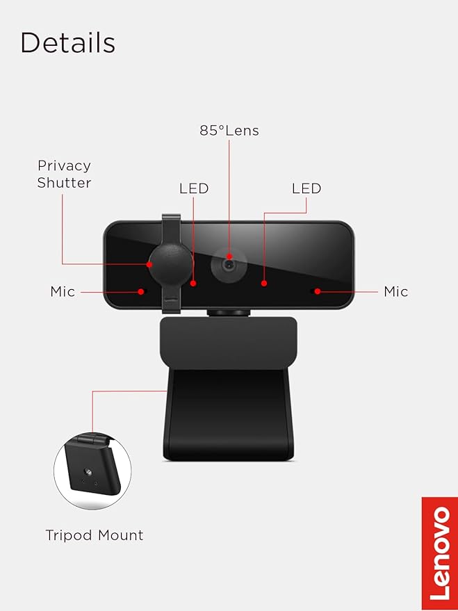 Lenovo 310 FHD Webcam, 1080p, FHD Resolution @30 FPS, Plug-and Play USB Connectivity, 1.8M Cable, 2 Integrated Microphones, External Privacy Shutter, Black