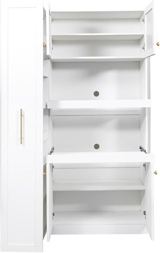 KEIKI 70.87" Tall Kitchen Pantry Storage Cabinet with Pull-Out Multi-Tier Shelf, Countertop, Glass Doors, Microwave Stand, Freestanding Wood Hutch Food Pantries Cupboard for Coffee Bar, Dining Room