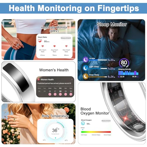 uaue Smart Health Ring for Women Men, Vibration Alert, Touch Control, Fitness Tracker Ring with Sleep/Women's Health/Heart Rate/Steps, IP68 Waterproof for iPhone and Android, Silver 10,No Subscription