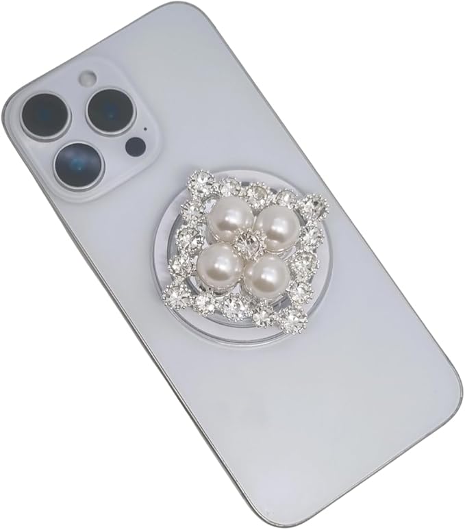 Crystal Rhinestone and Faux Pearl Magnetic Phone Grip Stand, Compatible with MagSafe, Adhesive Metal Ring Included, Detachable Kickstand Holder (Royal Pearl Square)