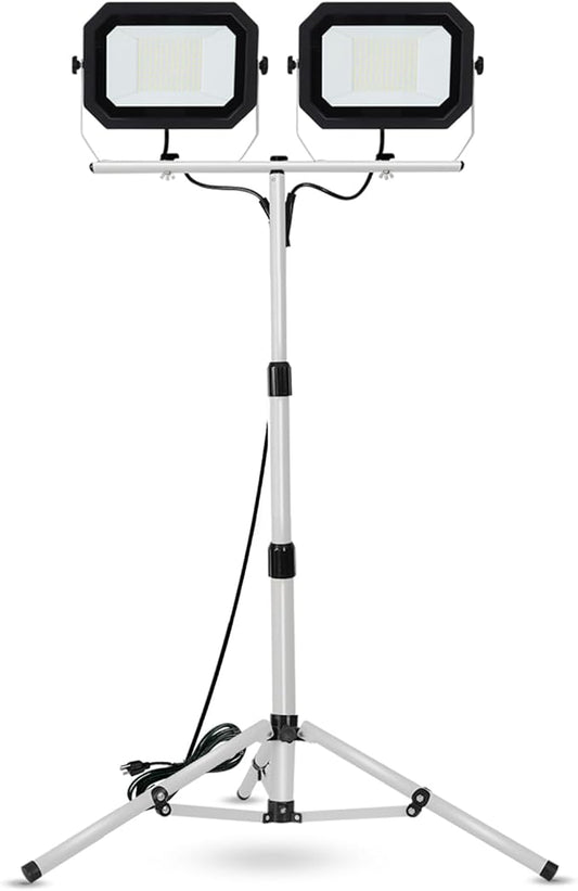 UFOND 20000 Lumen Work Lights with Stand, 200W Dual Head LED Work Light, Waterproof Lamp with Individual Switch, Adjustable Metal Telescoping Tripod 10Ft Power Cord