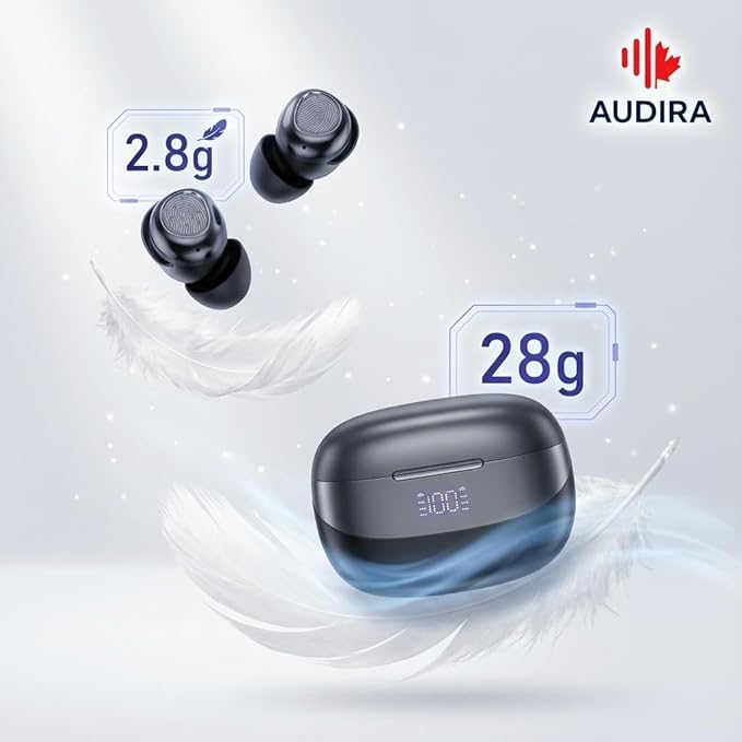 AUDIRA Mini Wireless Sleep Earbuds for Side Sleepers, Bluetooth 5.4 in-Ear Ear Buds with Noise Cancelling, IPX4 Waterproof Headphones, Touch Control, Digital Display Charging Case – Black