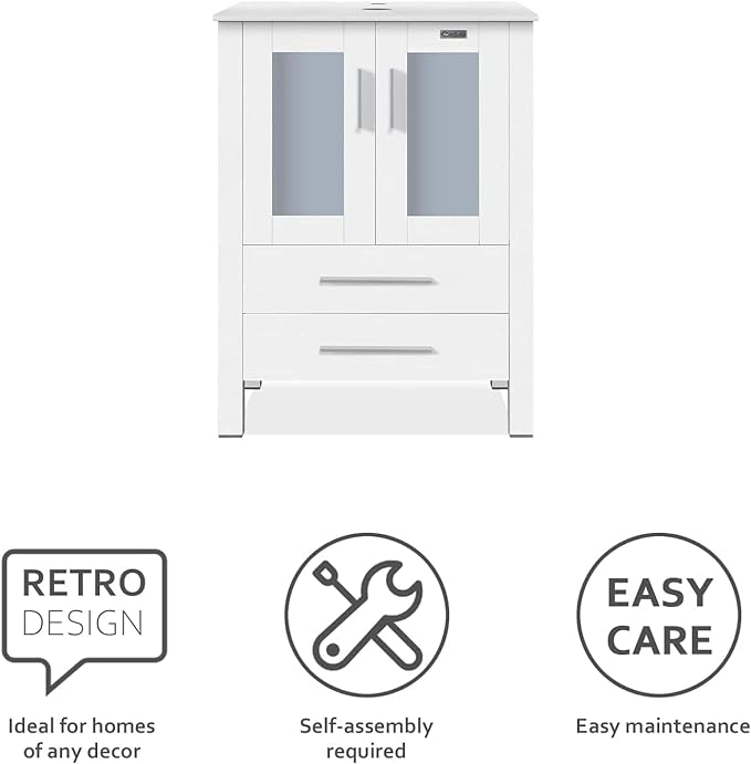 eclife 72" Modern Bathroom Vanity Sink Combo Freestanding Cabinet with Small Side Cabinet, Champagne Boat Glass Vessel Sink, Water Save Faucet, Drain (White+A29CH)