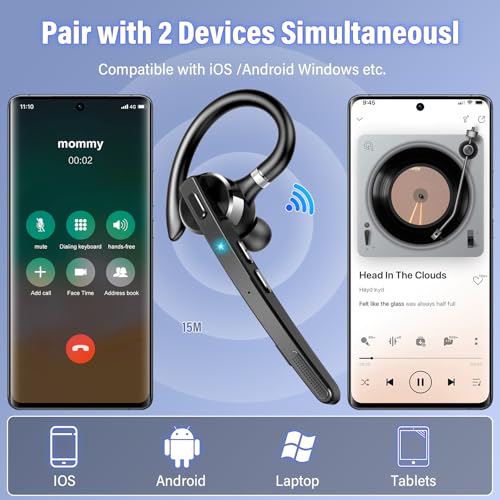 Bluetooth Headset, 90Hrs Bluetooth 5.3 Earpiece, APTX HD Audio, Mute Button