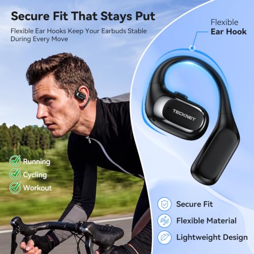 TECKNET Open Ear Headphones, Wireless Earbuds with Ear Hooks, Black