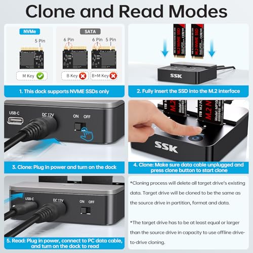 SSK M.2 SSD Cloner NVMe Duplicator Dual Bay Dock NVMe Enclosure Reader