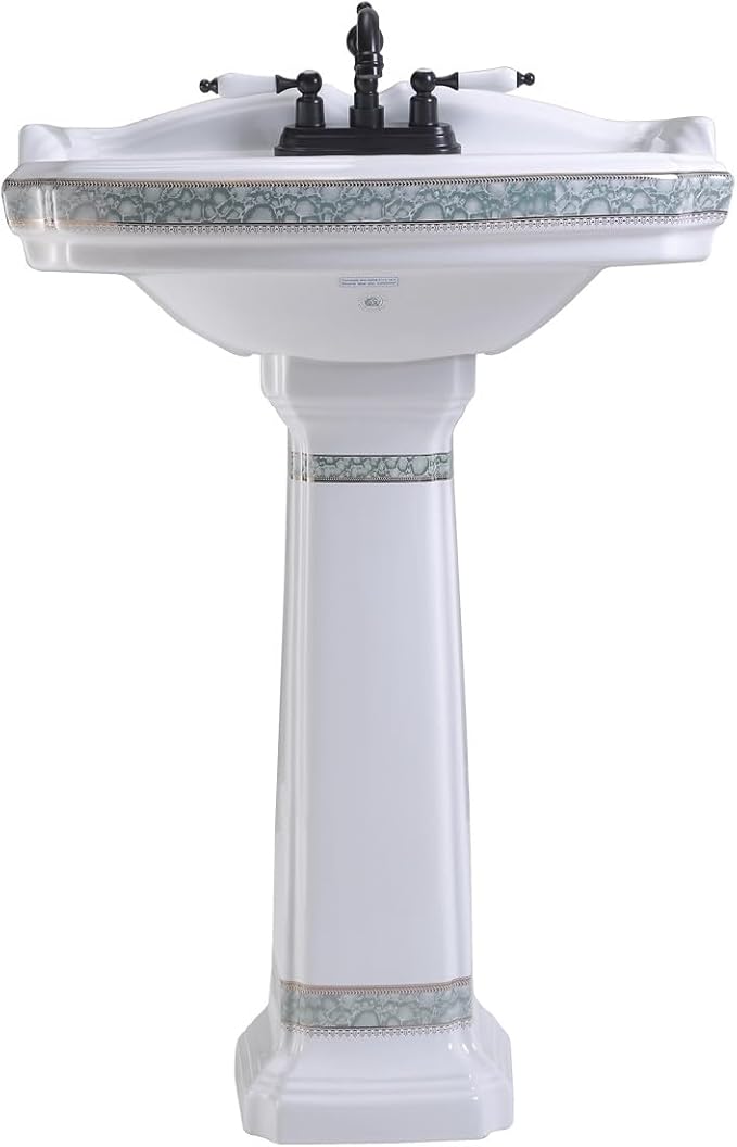 Renovators Supply Manufacturing 23" White Pedestal Bathroom Sink Heavy Duty Porcelain, Green and Gold Decorative Accents, 4" Centerset Faucet Holes, High Backsplash and Overflow